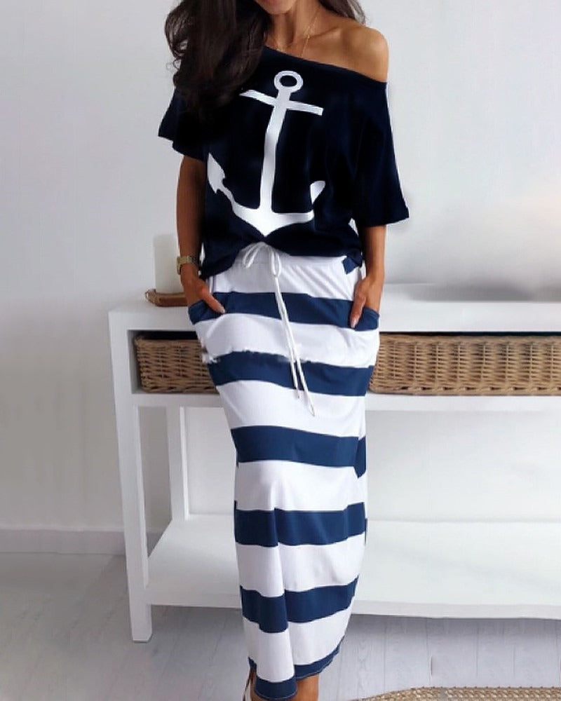 New European and American Navy Style Casual Set Womens Boat Anchor Print Womens Short Sleeve Set Women - 2bazar4
