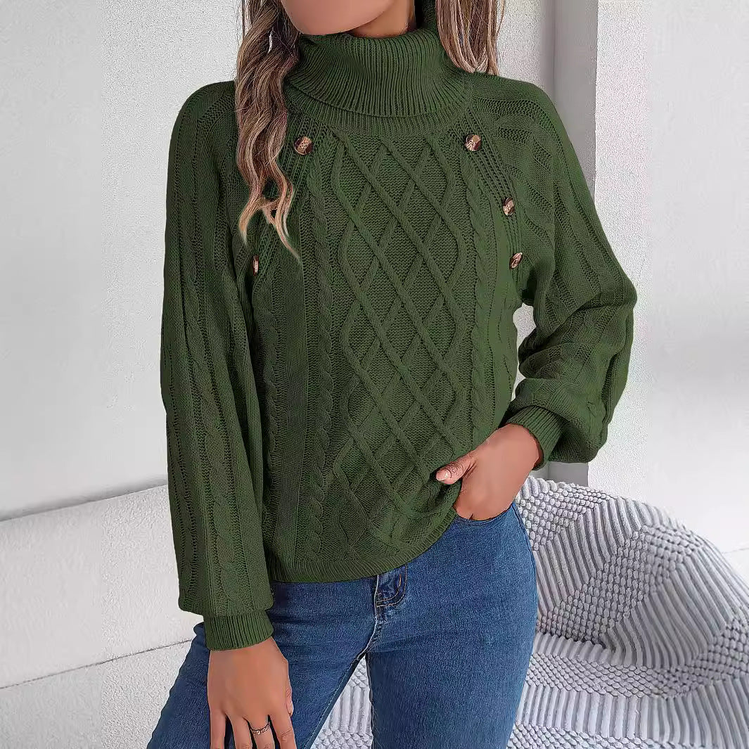 Women's autumn and winter fashion casual solid color button twist high collar lantern sleeve pullover sweater - 2bazar4