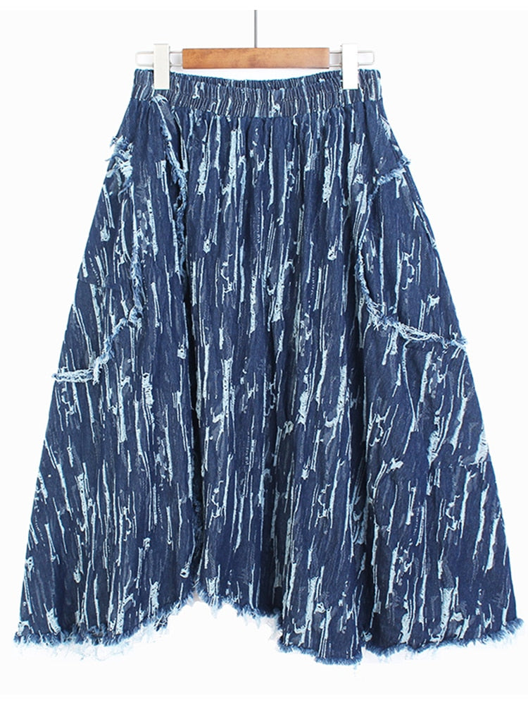 Color Contrast Denim Skirt Autumn High Waist Thin And Loose Personality Irregular Design Medium Length Skirt - 2bazar4