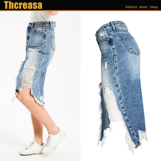 Women's Skirt Irregular Fringed Hole Denim Skirt Hip Lift Skirt Mid Skirt - 2bazar4