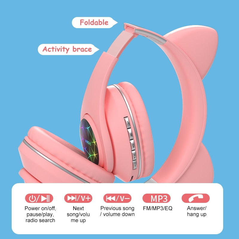 RGB Cat Ear Headphones Bluetooth 5.0 Noise Cancelling Adults Kids girl Headset Support TF Card FM Radio With Mic Gift bracelet - 2bazar4