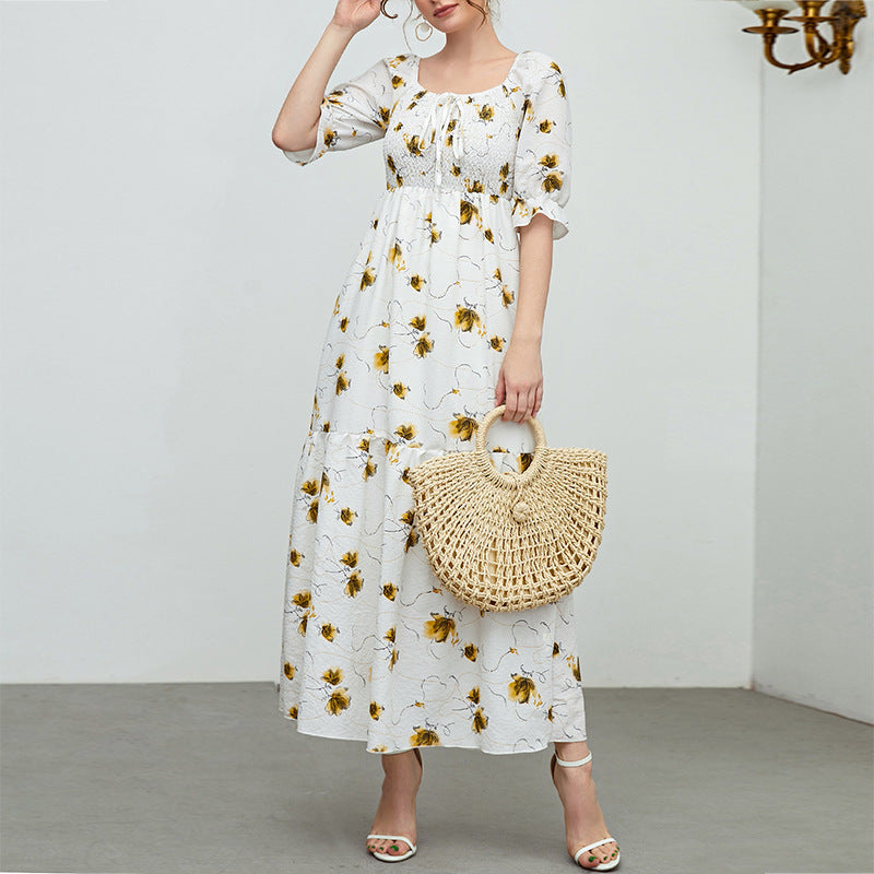Summer Women's Floral Dress Slim Long Skirt Chiffon Pleated Skirt - 2bazar4