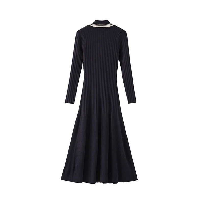 Long Dress French Contrast Stripe Small Fragrance Long Sleeve Knitted Dress Women's Autumn SFPRO02173 - 2bazar4
