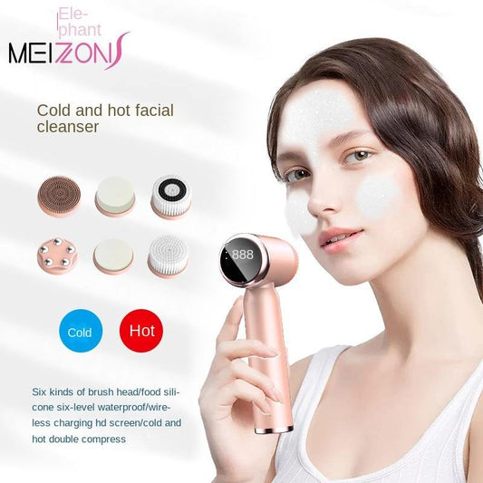 6-In-1 Hot And Cold Facial Cleanser Display Cleansing Brush Ultrasonic Facial Cleanser Pore Cleaning Silicone Beauty Instrument - 2bazar4