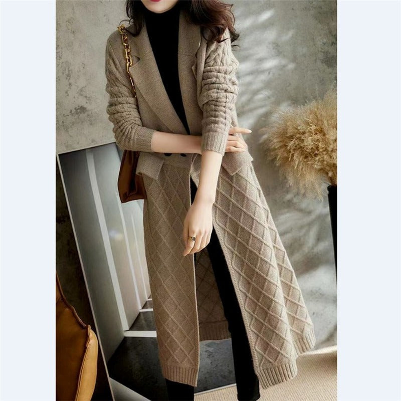 Autumn/Winter Knitted Cardigan Mid length Loose Lapel Solid Color Thickened Sweater - 2bazar4