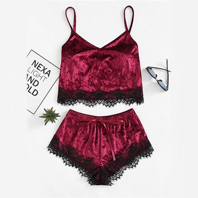 Burgundy Velvet 2 Piece Set Women Eyelash Lace Cami Top With Shorts Set Casual Sleeveless Vintage Two Piece Set - 2bazar4