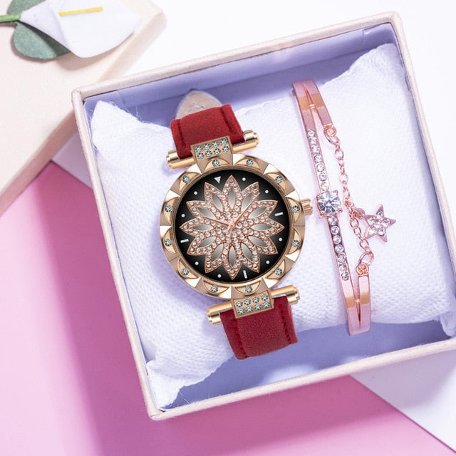 New Fashion Leather Strap Watch Women Quartz Watch Romantic Starry Sky Wrist Watch Bracelet Set for Women Gift Wrist Accessories - 2bazar4