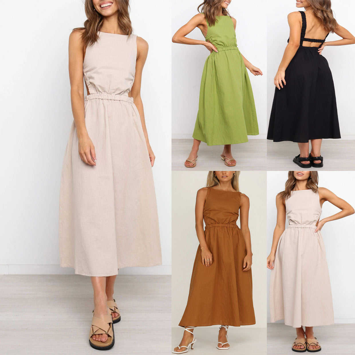 Summer Dress Sexy Sleeveless Sling Open Back Elasticated Waist Maxi Dress - 2bazar4