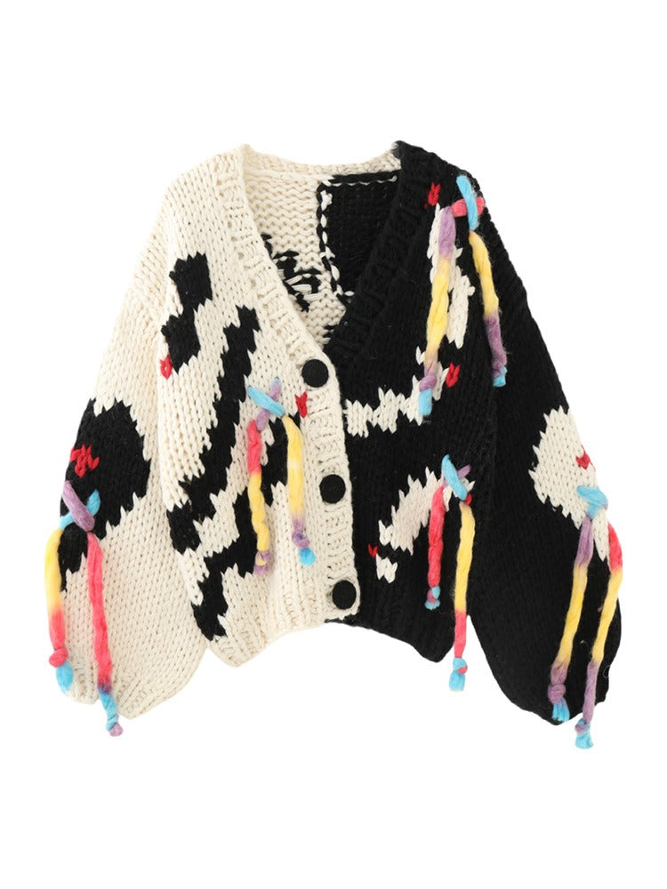 Handmade Needle Hook Flower Color blocked Tassel Thickened V-neck Knitted Cardigan Coat Sweater Top - 2bazar4