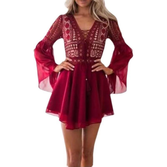 Long sleeved V-neck lace up hollowed out dress - 2bazar4