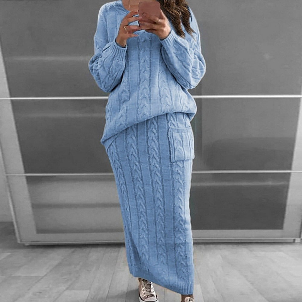 Women Winter Knitted Sweater Tops And Skirt Autumn Slim Crop Tops Women Sweater Skirts 2 Piece Sets - 2bazar4