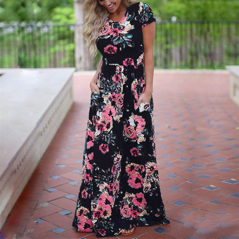 Women Long Maxi Dress Summer Floral Print Boho Beach Dress Short Sleeve Evening Party Dress Tunic Vestidos Plus Size XXXL - 2bazar4
