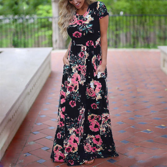 Women Long Maxi Dress Summer Floral Print Boho Beach Dress Short Sleeve Evening Party Dress Tunic Vestidos Plus Size XXXL - 2bazar4