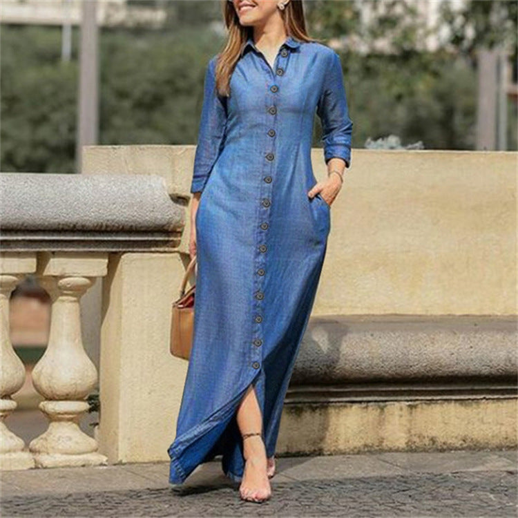 European And American Denim Dress New Shirt Collar Denim Button Dress For Ladies - 2bazar4