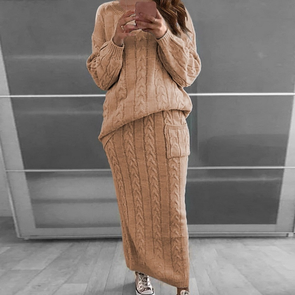Women Winter Knitted Sweater Tops And Skirt Autumn Slim Crop Tops Women Sweater Skirts 2 Piece Sets - 2bazar4