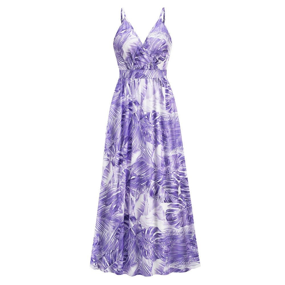 Women's New Bohemian Print Dress Long Sexy V-Neck Halter Dress - 2bazar4
