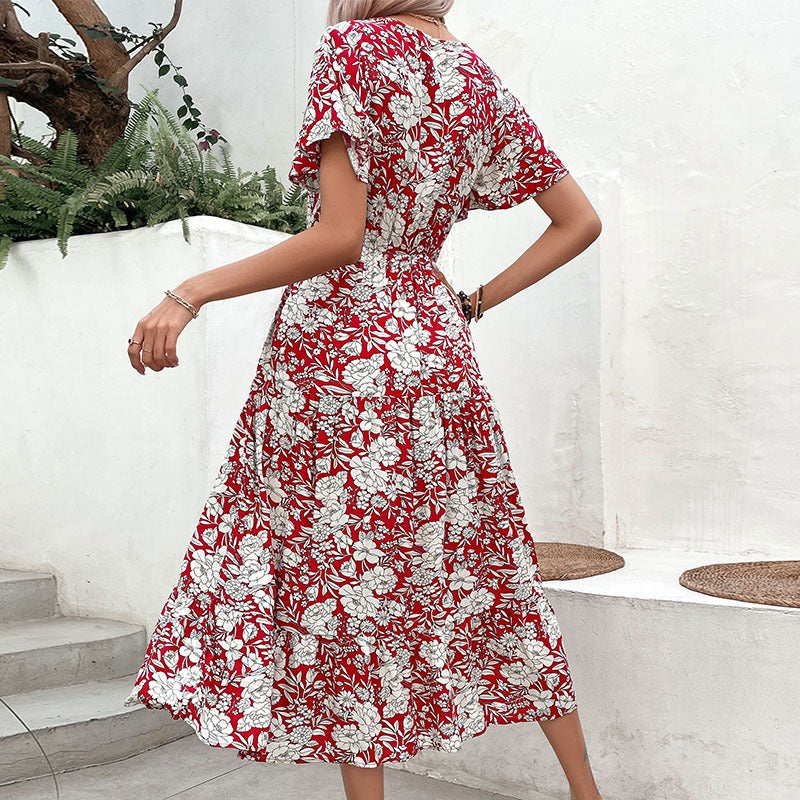 Summer New European and American Fashion Women's Red Print Temperament Dress - 2bazar4
