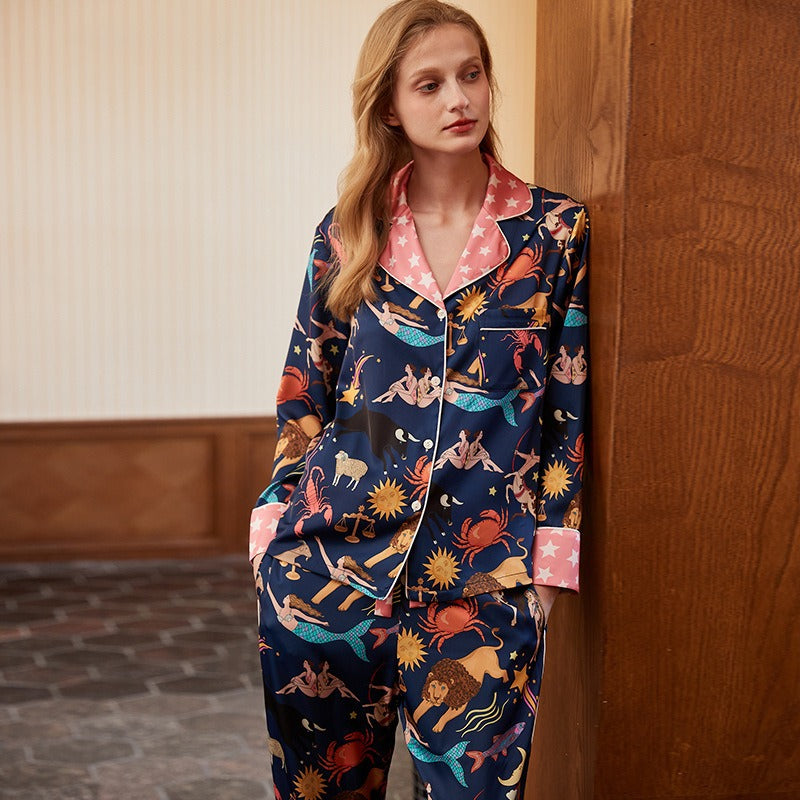 Blue Constellation Simulated Silk Pajamas for Women Spring and Autumn Long Sleeves and Trousers Cool Ice and Snow Silk - 2bazar4