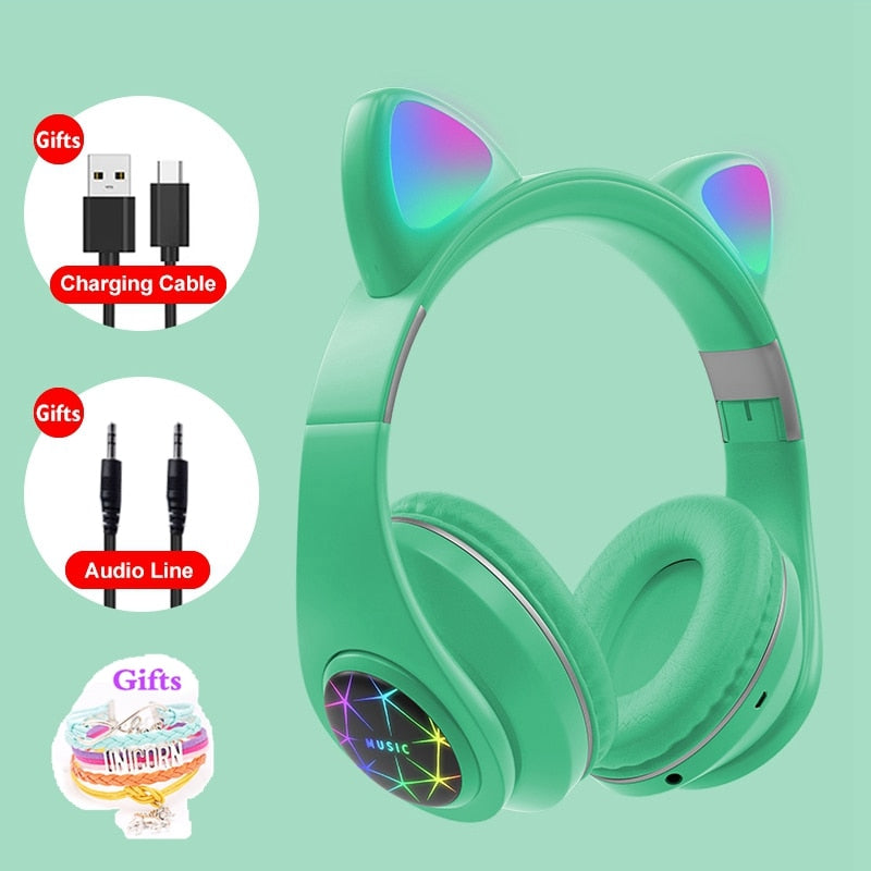 RGB Cat Ear Headphones Bluetooth 5.0 Noise Cancelling Adults Kids girl Headset Support TF Card FM Radio With Mic Gift bracelet - 2bazar4