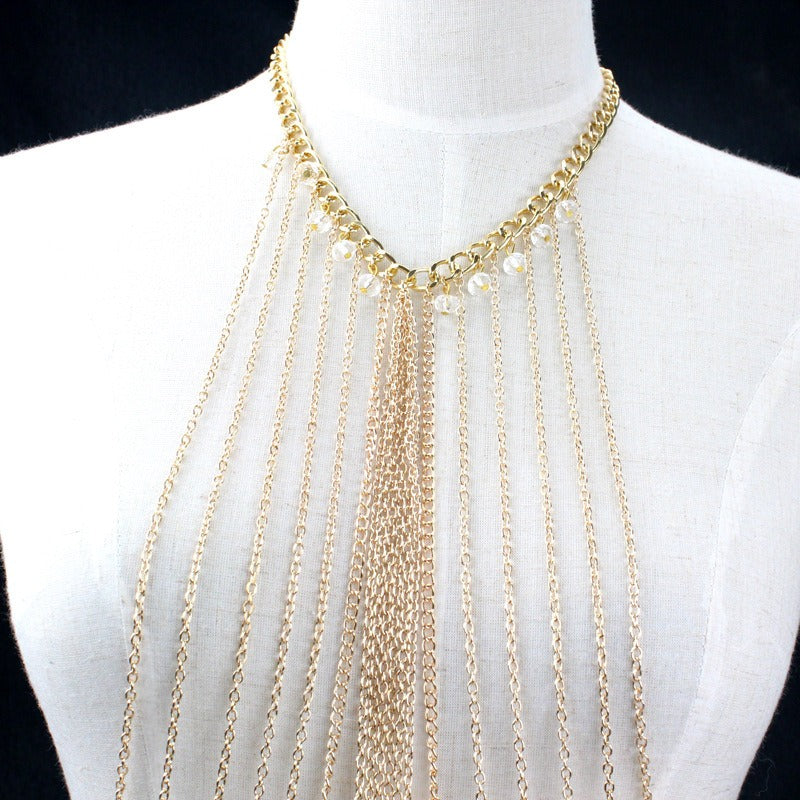 New Hot Selling Fashion Sexy Crystal Multi layered Tassel Long NecklacHot Selling Fashion Sexy Crystal Multi layered Tassel Long Necklace Body Chain Beauty Body Chain WomenMaterial: AlloySize:45cm+6cm