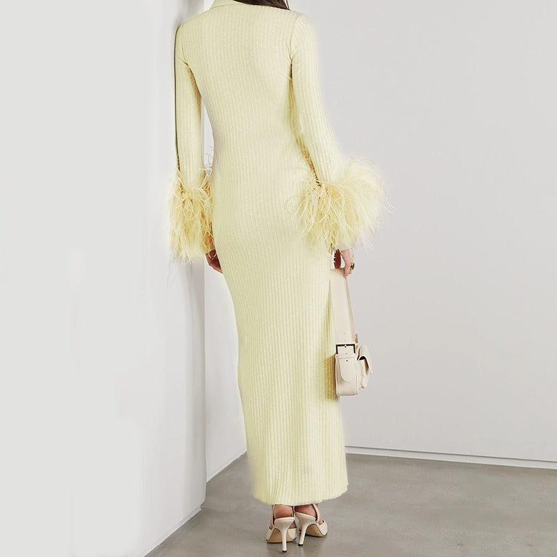 Light Yellow Dress Women Elegant Bandage Long Sleeve Feather Design Party Dress Vestidos - 2bazar4