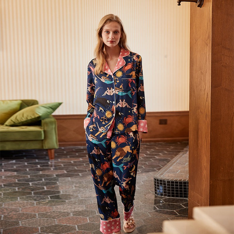 Blue Constellation Simulated Silk Pajamas for Women Spring and Autumn Long Sleeves and Trousers Cool Ice and Snow Silk - 2bazar4