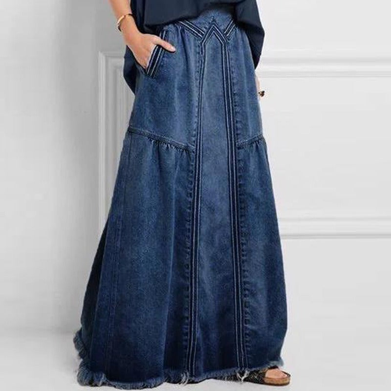 Fashion Street Skirt Summer A Line Denim Skirt Women Autumn Sun Skirt Casual Solid High Waist Women's Long Skirt - 2bazar4