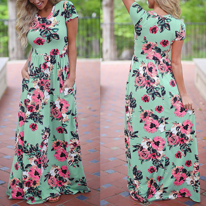 Women Long Maxi Dress Summer Floral Print Boho Beach Dress Short Sleeve Evening Party Dress Tunic Vestidos Plus Size XXXL - 2bazar4