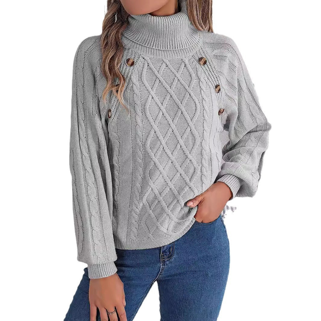Women's autumn and winter fashion casual solid color button twist high collar lantern sleeve pullover sweater - 2bazar4