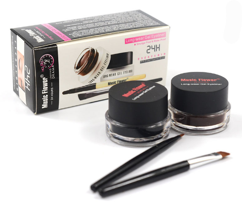 Music Flower 2 in 1 Coffee + Black Gel Eyeliner Make Up Waterproof Eye Liner Cosmetics Set Eyeliner Pens Makeup Brushes Set - 2bazar4