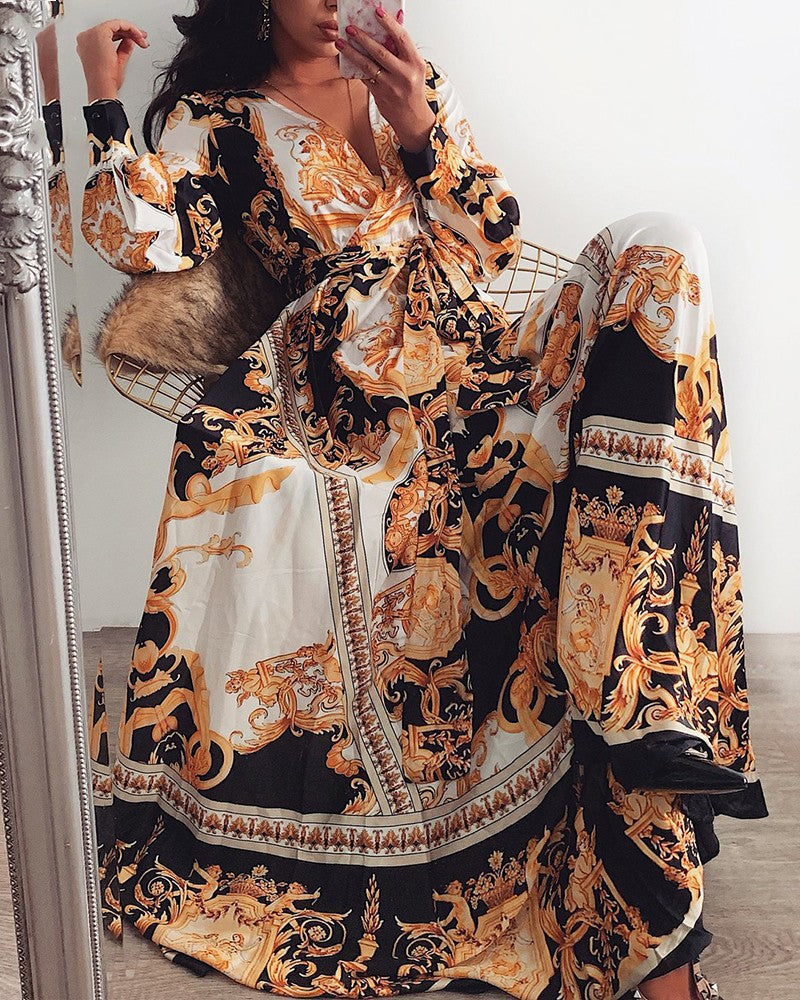 Evening Dress Print Dress V-Neck Pullover Retro Long Sleeve Women's  Long Skirt - 2bazar4