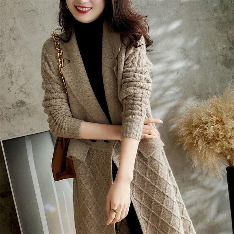 Autumn/Winter Knitted Cardigan Mid length Loose Lapel Solid Color Thickened Sweater - 2bazar4