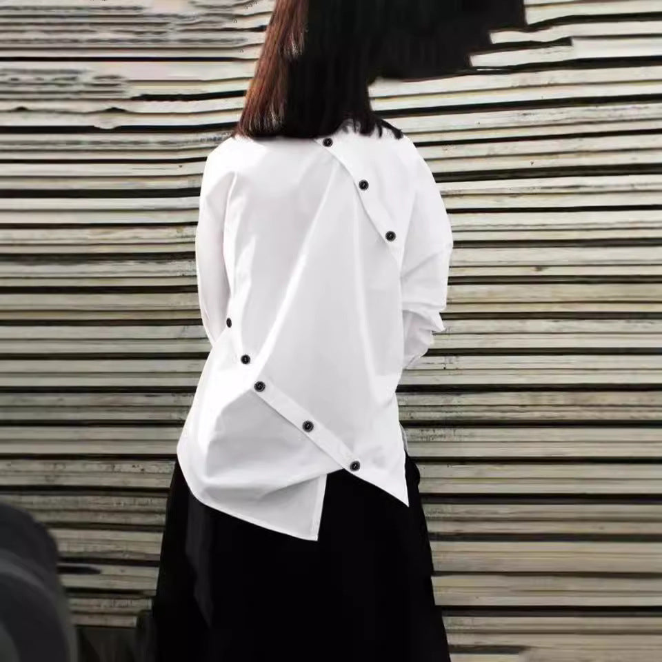 European and American women's fashion personalized button asymmetrical women's shirt long sleeved casual sloping collar top - 2bazar4