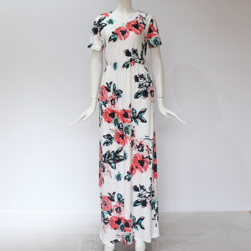 Women Long Maxi Dress Summer Floral Print Boho Beach Dress Short Sleeve Evening Party Dress Tunic Vestidos Plus Size XXXL - 2bazar4