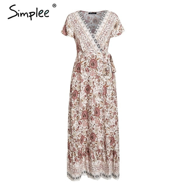 Simplee Vintage floral print summer dress Ruffle split sash sexy long dress Bohemian women dress holiday beach dress vestidos - 2bazar4