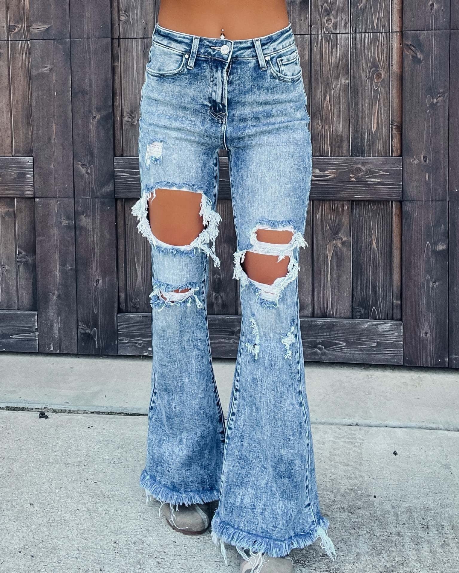 Autumn European and American casual distressed water washed micro flared pants jeans - 2bazar4