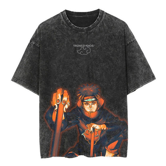 Japanese classic Naruto anime oversize high street vintage water washed wax dyed short sleeved T-shirt - 2bazar4