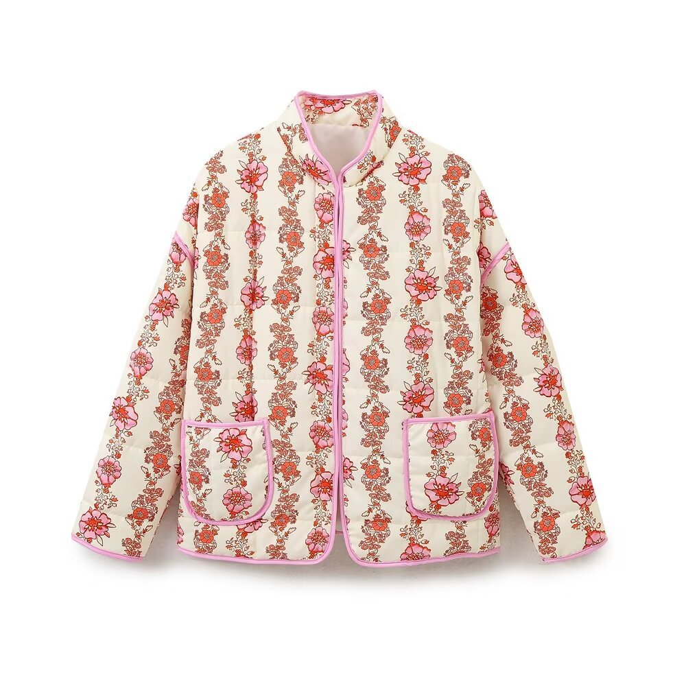 Autumn and winter women's clothing new European and American style stand collar loose printed thin casual cotton jacket for women - 2bazar4