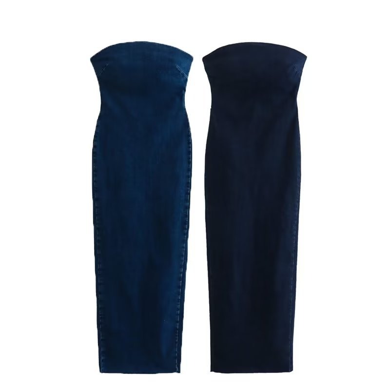 Summer Back Slit Dress Sexy Slim Backless Strapless Dress Female Long Denim Dress - 2bazar4