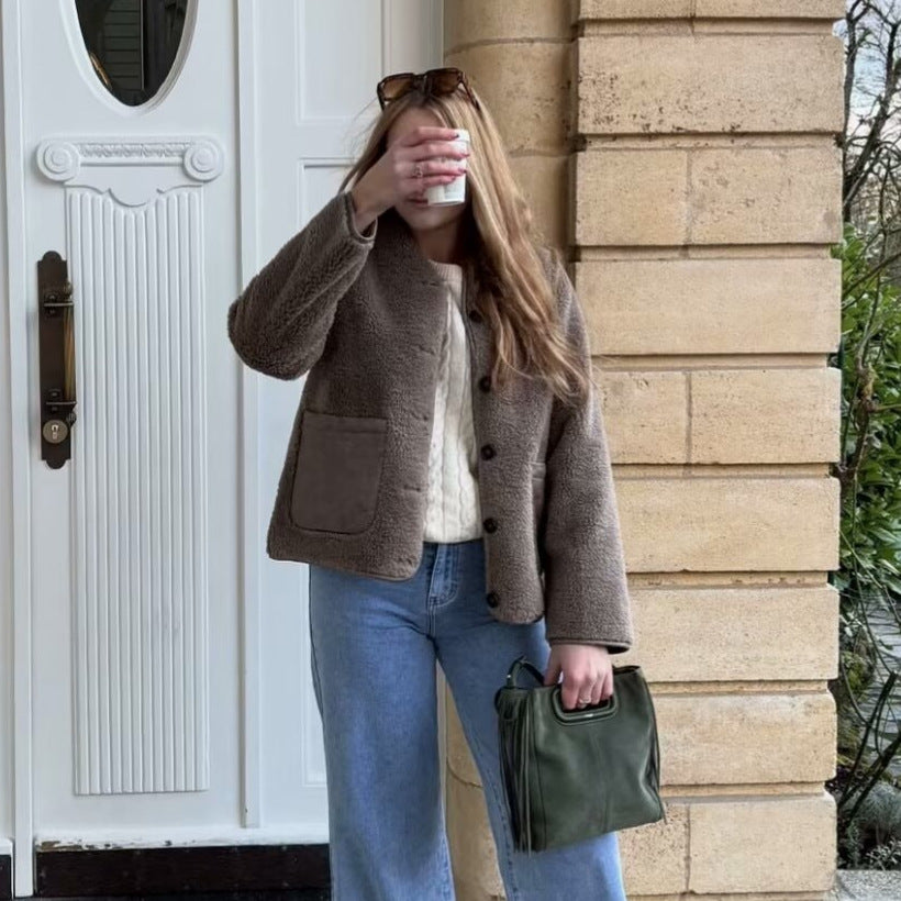 Brown round neck loose lamb plush color blocked fur one-piece coat for women