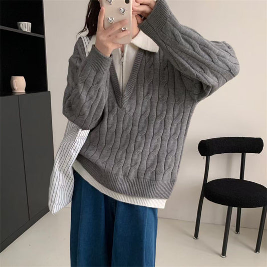 Lazy style lapel fake two Fried Dough Twists sweaters women's autumn and winter new loose thin soft waxy pullover sweater top - 2bazar4