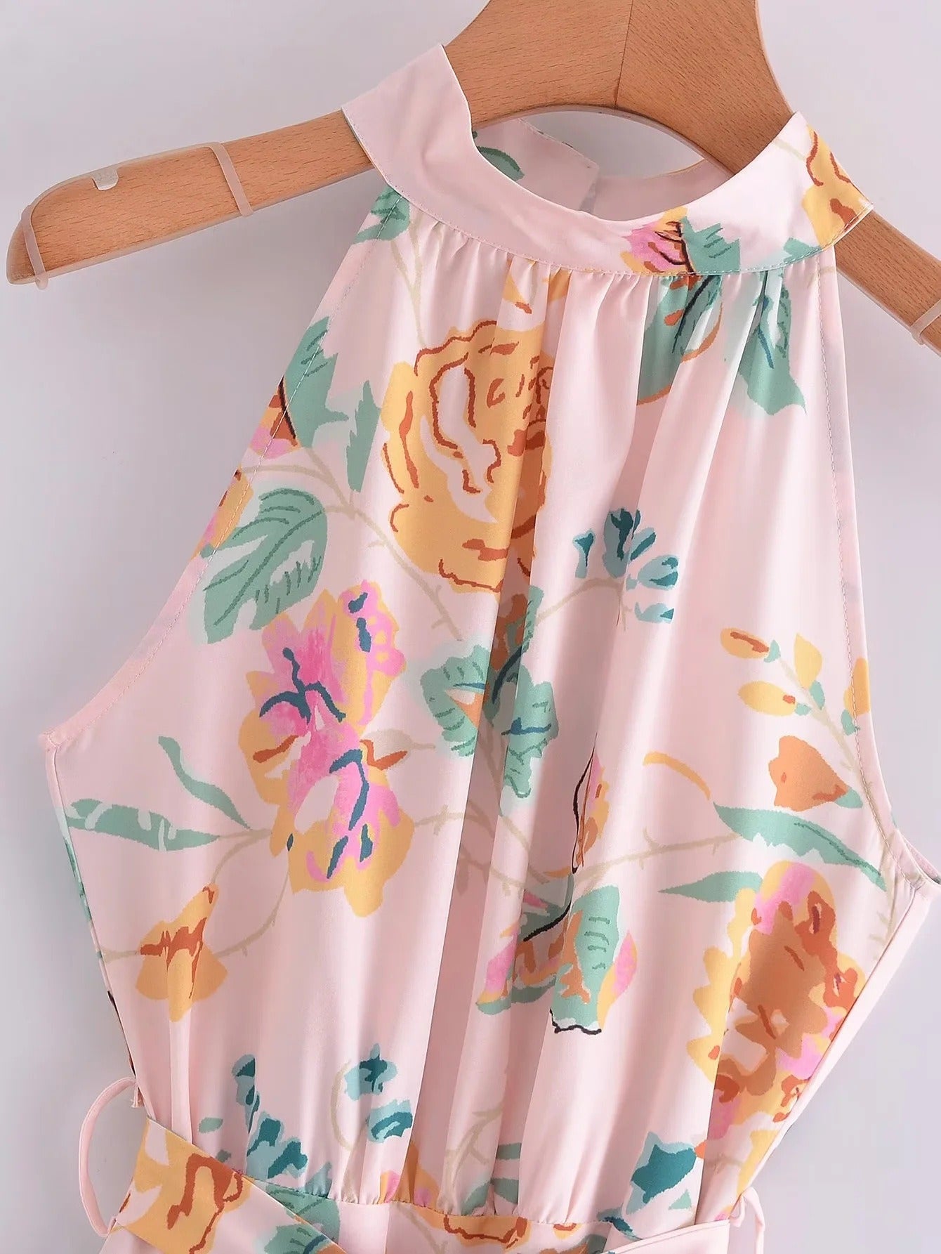 European and American New Fashion Sexy Sleeveless Hanging Neck Print Waist Pulling Dress Womens Long Dress - 2bazar4