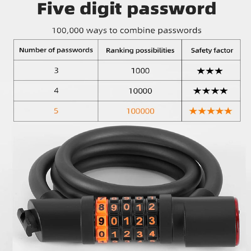 1.2M/1.8M Bike Lock Anti-theft 5 Digit Combination Password Security Lock With LED Light MTB Road Bike Steel Cable Bicycle Lock - 2bazar4