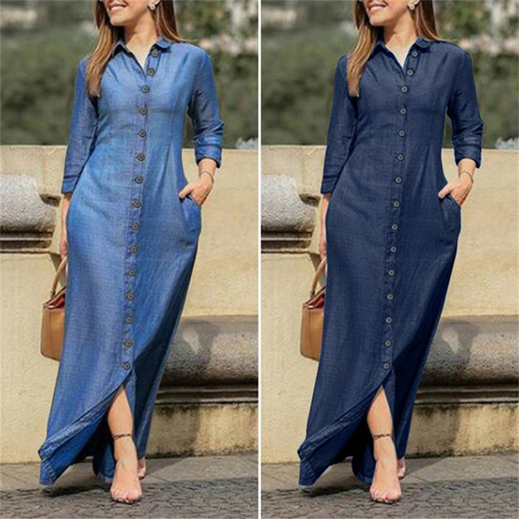 European And American Denim Dress New Shirt Collar Denim Button Dress For Ladies - 2bazar4
