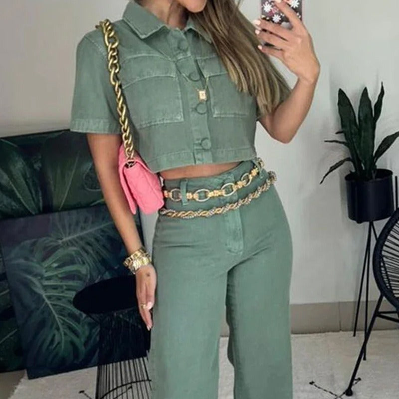 European and American womens clothing set Fashion lapel sleeveless top Loose pants Solid color set - 2bazar4