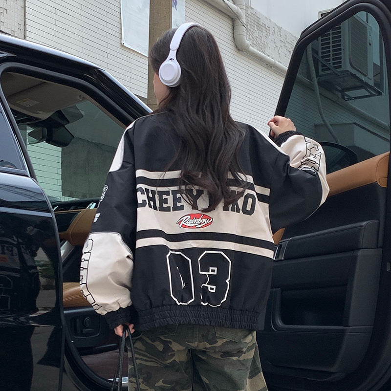 American retro motorcycle baseball uniform, autumn loose jacket, women's streetwear style, racing trend - 2bazar4