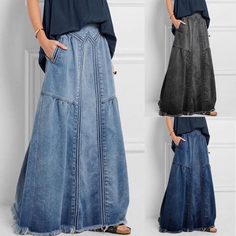 Fashion Street Skirt Summer A Line Denim Skirt Women Autumn Sun Skirt Casual Solid High Waist Women's Long Skirt - 2bazar4