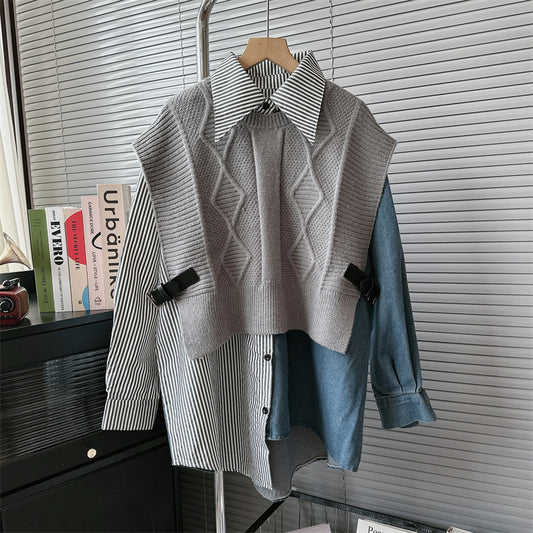 Design inspired knitted sweater vest set, women's loose Korean denim shirt fashion two-piece set - 2bazar4