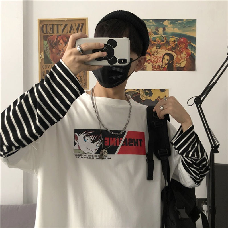 Autumn New Instagram Naruto Long sleeved T-shirt for Men and Women Couple Striped Fake Two Piece Set Student Loose Top - 2bazar4