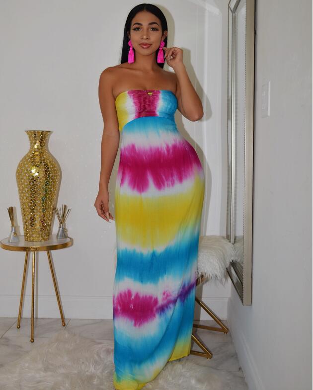Women Summer Strapless Tie Dye Stripe Print Lace Up Hollow Out Back Maxi Dress Bohemian Elegant Long Beach Dresses Vestidos - 2bazar4